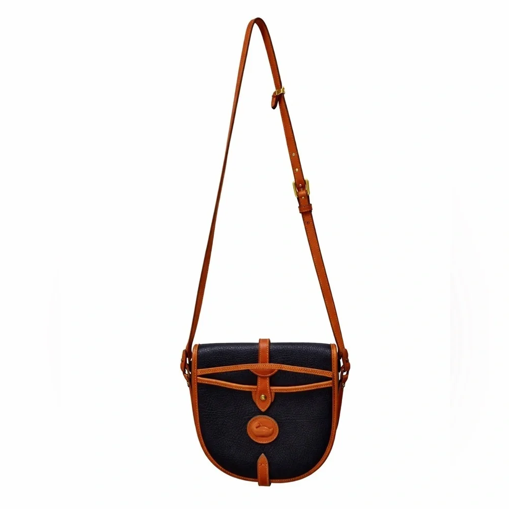 Vintage Dooney & Bourke Overland Crossbody AWL Navy Tan Duck Logo Bag